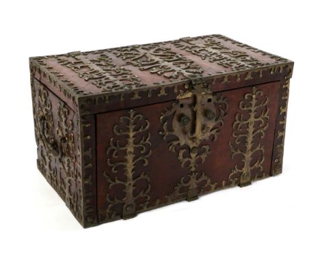 A Kingwood, Rosewood and Brass Bound Strong Box circa 1670, with decorated brass strapwork throughout and substantial carryin