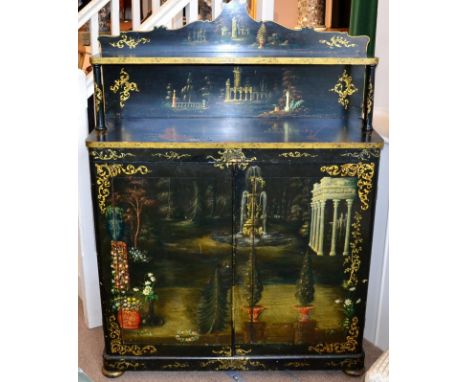 Victorian Ebonised and Painted Chiffonier, Circa 1870, with a shelf and superstructure back support above cupboard doors, dec