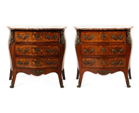 A Pair of Louis XV Style Rosewood, Marquetry Inlaid and Gilt Metal Mounted Bombé Commodes, late 19th century, with a Griotte 