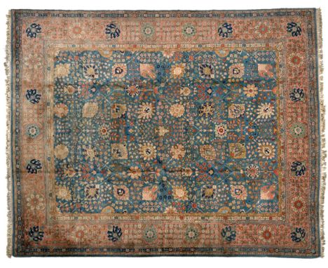 Tabriz Carpet of unusual size, 1940s The sky blue field of Shah Abass design enclosed by coral pink floral borders and triple