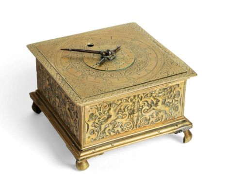 A Brass Horizontal Striking Alarm Table Clock, possibly German, second quarter of the 18th century, square brass case with em