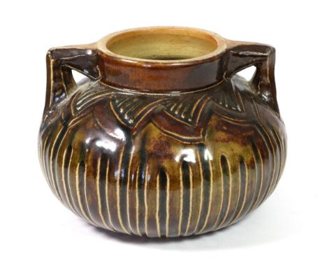 A Martin Brothers Stoneware Twin-Handled Vase, with fluted and repeating decoration, brown glaze, incised Martin London & Sou