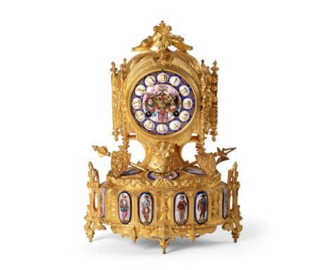 A Gilt Metal and Porcelain Mounted Striking Mantel Clock, circa 1870, the Gothic style case surmounted with maidens and flank