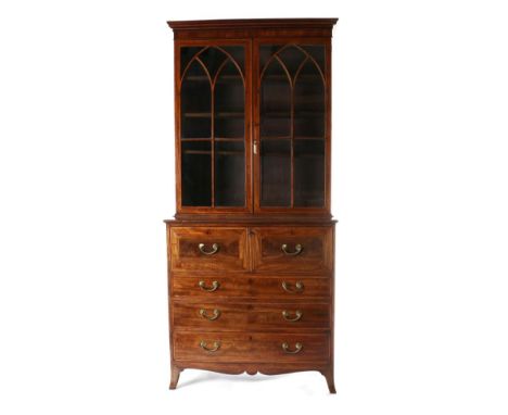 A Regency Mahogany, Satinwood Banded and Ebony Strung Secretaire Bookcase, early 19th century, the moulded cornice above lanc