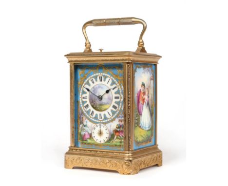 A Gilt Brass Engraved Porcelain Mounted Striking and Repeating Alarm Carriage Clock, signed Drocourt, circa 1890, carrying ha