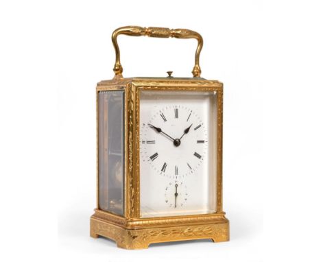 A Gilt Brass Engraved Striking and Repeating Alarm Carriage Clock, signed Brunelot, circa 1870, carrying handle and repeat bu