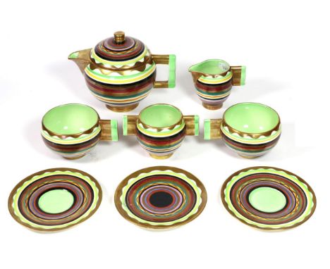 A Carlton Ware Moderne Tea for Two, comprising teapot and cover, two cups and saucers, milk jug, sugar bowl and biscuit plate