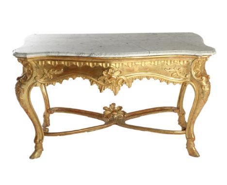 A Giltwood Carved Console Table, of serpentine shaped form with a grey and white marble top above an acanthus carved frieze, 