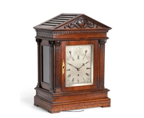 A Chiming Table Clock, circa 1890, rosewood and mahogany case with an architectural pediment, Corinthian side columns, glazed