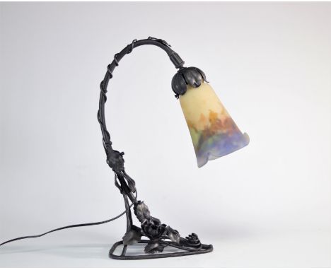 Art Nouveau lamp in wrought iron decorated with flowers signed "Gauthier Depose" tulip in coloured glass "Muller Freres Lunev