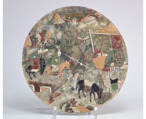 Jade and hardstone plaque "life scene and horses" from Qing period (æ¸…æœ) - Weight: 825 g - Shipping available - Region: Chi