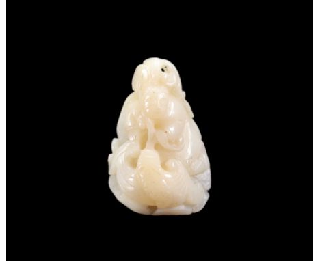 White jade carved with a figure and a batÂ&nbsp; - Weight: 40 g - Shipping available - Region: Chine - Sizes:  H 60 MM H 40 M