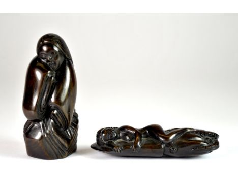 2 signed rosewood netsuke of women.