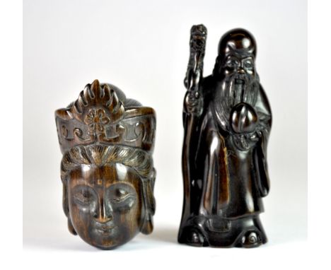 2 signed rosewood netsuke of Chinese Deities (1 with crack).
