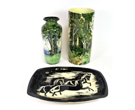 Two signed hand painted Spencer Edge ceramic vases (H. 19 &amp; 22cm) and an Eric Leaper, Newlyn pottery dish.