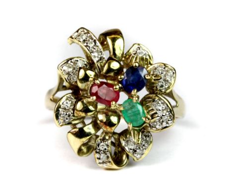 A 14ct yellow gold ring set with diamonds, ruby, emerald and sapphire (V).