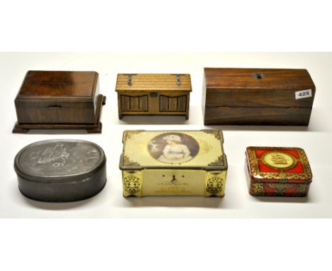 Six vintage advertising tins and wooden boxes.