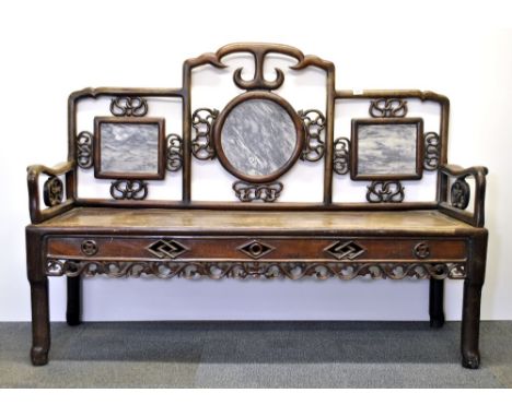 A 19th / early 20th century Chinese hardwood and marble "dream stone" bench, W. 160cm, H. 117cm.