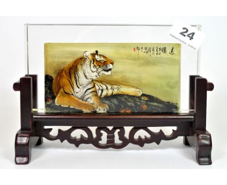 A Chinese signed inside painted lead crystal panel on wooden stand, W. 22cm, H. 15cm.