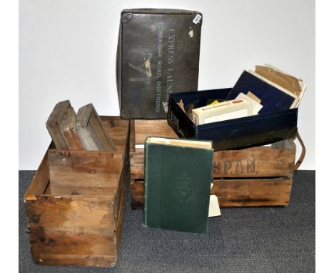 Two old wooden advertising crates, vintage laundry box, etc.