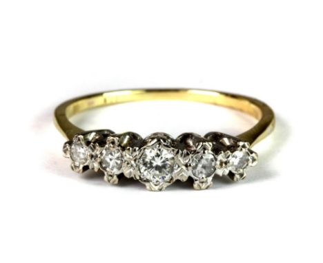 A yellow metal (tested min 9ct gold) 5 diamond ring (R).