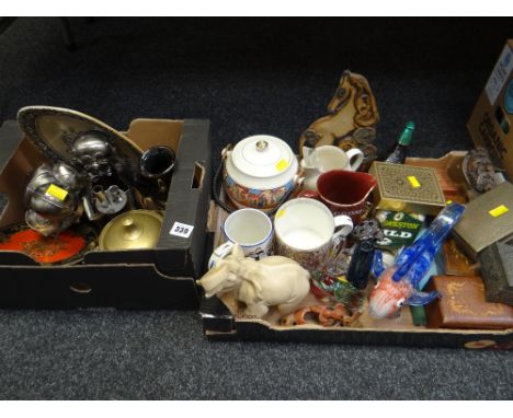 Two boxes of various china, glass & metalware including brewery items, pub water jugs, trinket boxes etc