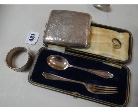 Cased hallmarked silver child's knife & fork set, hallmarked cigarette case & napkin ring together with a small signet ring