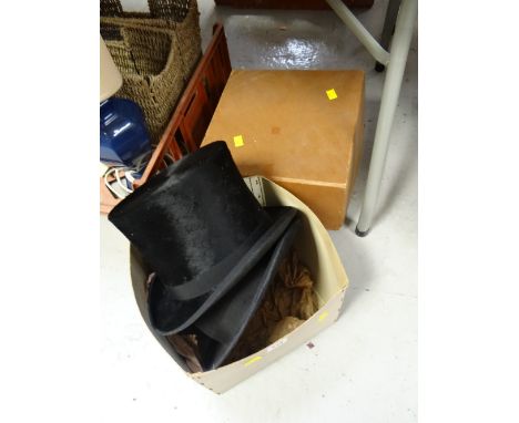 Two vintage top-hats (grey & black) together with a Christy's of London bowler hat