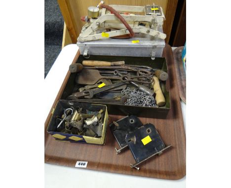 A small parcel of vintage tools, picture rail hooks, small aluminium toolbox, vintage foot pump etc