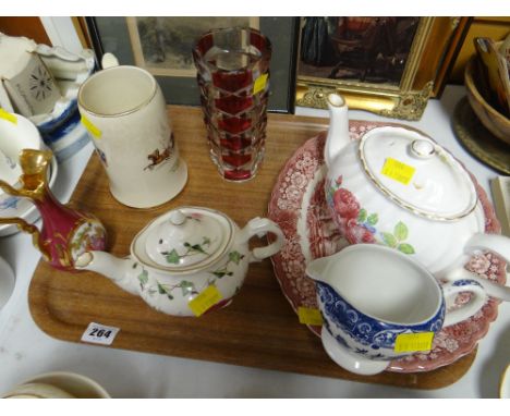 Small red ironstone platter, limoges jug, ruby & clear glass vase, teapot etc