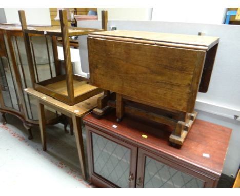 A neat vintage oak drop leaf side table together with a TV cabinet and two other tables