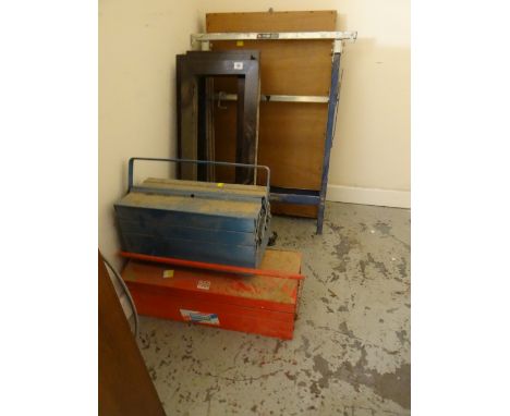 Two metal toolboxes, metal trestle legs, light fittings etc