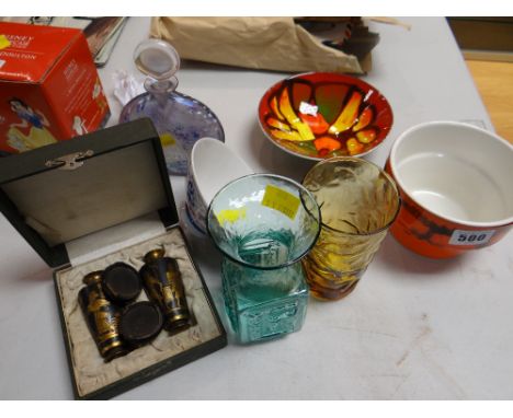 Two Poole pottery bowls, Dartington coloured glass bottle etc