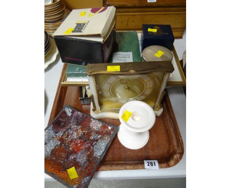 Tray of various items including marble & brass effect mantel clock, Royal Worcester pill-box table mats and boxed Planet 2 Vi