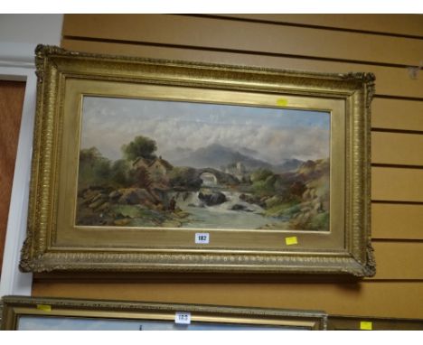 Early nineteenth century oil on canvas in a gilt frame of a Scottish Highland scene with bridge over river & figures