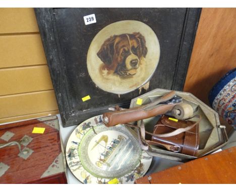 Royal Doulton Bayeux tapestry plate, cased binoculars, framed oil on board of a dog etc