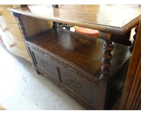 An oak monk's bench together with a Price Kensington jug corner stand