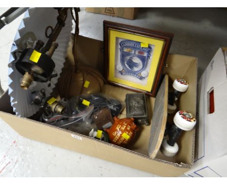 Unusual brass electric desk lamp together with another wall light, child's skate board, ophthalmic items etc
