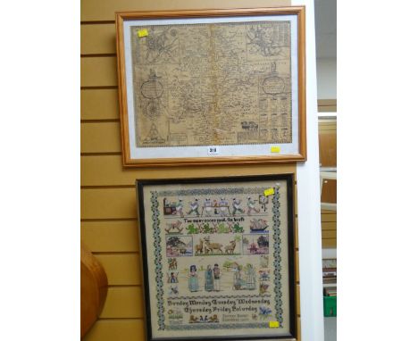 Framed sampler dated 1947 together with a framed map of Warwick