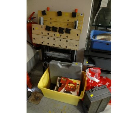 Two work benches, power drill, socket sets, other tools etc