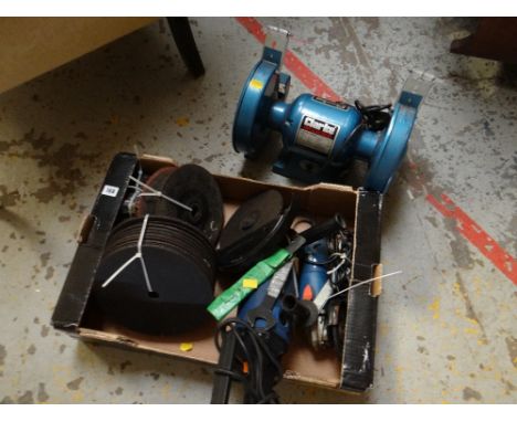 A Clarke bench mounted grinder together with two angle grinders & selection of discs