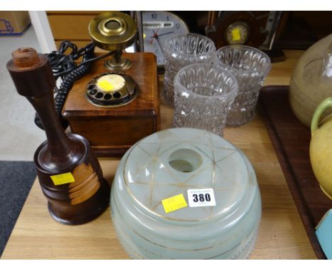 A reproduction two-piece wall mounted telephone, vintage light shades etc