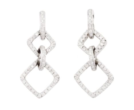 Pair of 18ct white gold round brilliant cut diamond square shaped pendant stud earrings, with diamond set bail, stamped 750, 