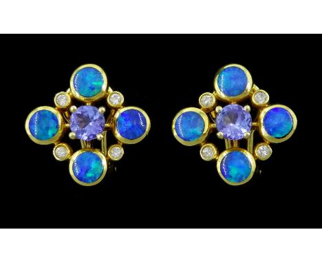 Pair of 14ct gold 14ct gold opal, tanzanite and diamond pendant, stamped 14KCondition Report:Approx 7.7gm, head diameter = 1.
