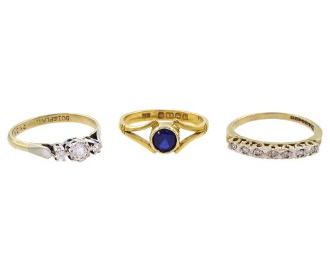 Gold three stone diamond ring, stamped 9ct Plat, 22ct gold synthetic sapphire ring, Birmingham 1932 and a 9ct gold diamond ha