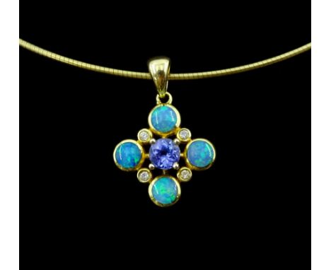 14ct gold opal, tanzanite and diamond pendant, stamped 585, on 9ct gold Omega link chain necklace, hallmarkedCondition Report