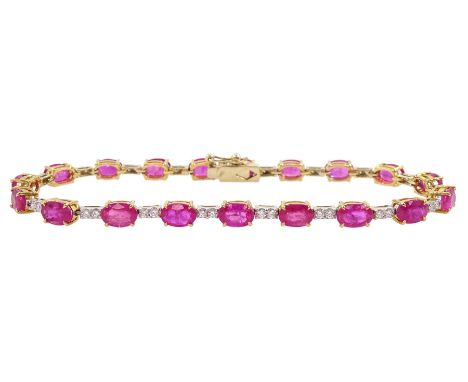 18ct gold oval ruby and round brilliant cut diamond bracelet, stamped 750, total ruby weight approx 10.55 carat, total diamon