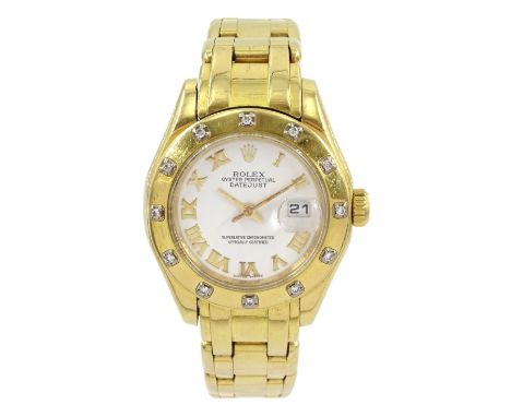 Rolex Oyster Perpetual Datejust Pearlmaster, ladies 18ct gold automatic wristwatch, Ref. 80318, serial No. P190714, white dia
