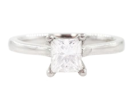 Platinum single stone princess cut diamond ring, hallmarked, diamond 0.71 carat, colour D, clarity VVS2, with EGL certificate