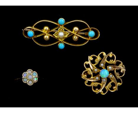 Edwardian 15ct gold turquoise pearl brooch, rose gold opal daisy cluster ring, stamped 9ct and a gold opal and seed pearl cir
